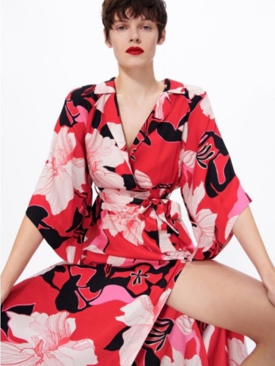 Zara Dresses & Skirts - Zara Red Pink Black Floral Wrap Dress